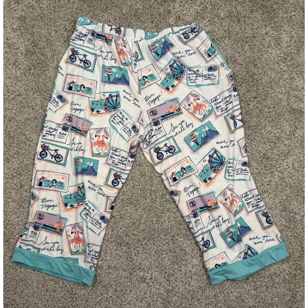 Munki Munki Womens Pajama Set L Blue Postcard Travel Print Button Top Crop Pants